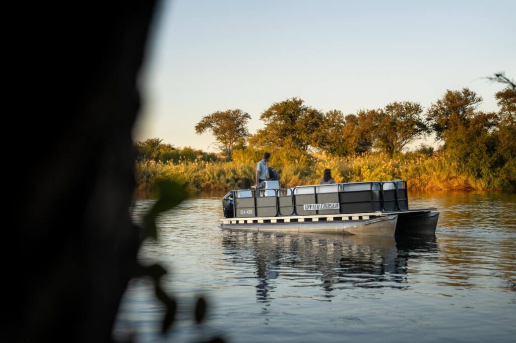 Boat on the Kavango River at dusk