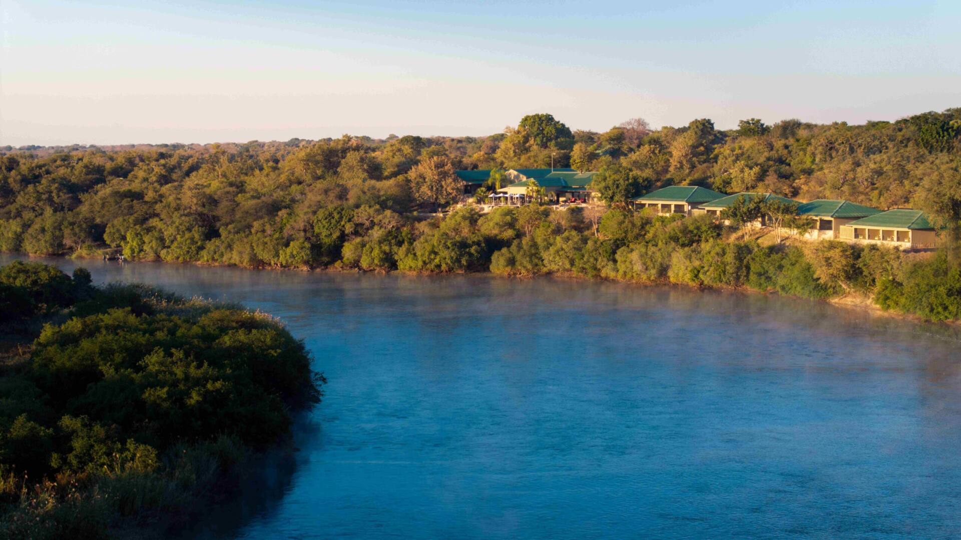 Aerial view of Simanya River Lodge above the Kavango River